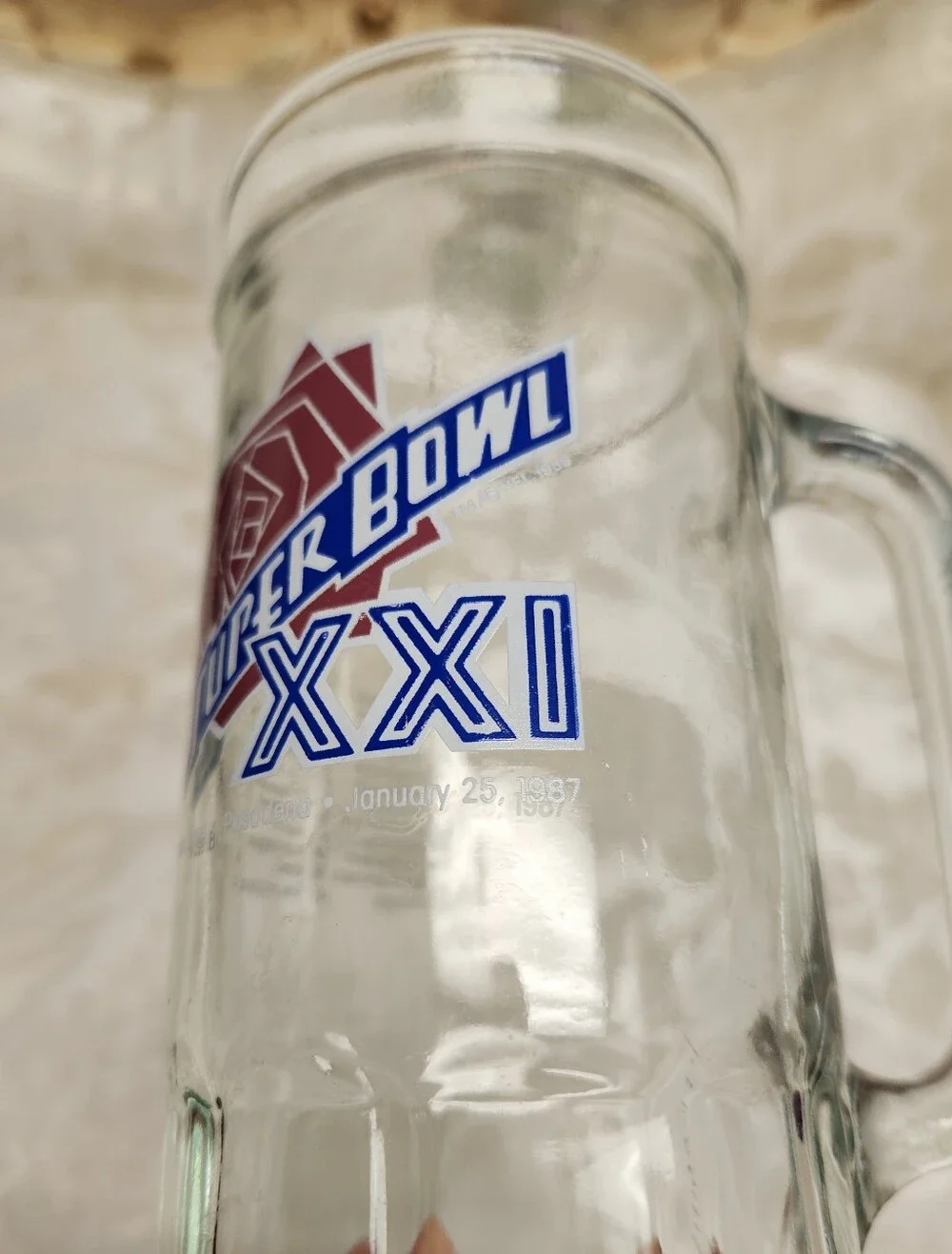 Vintage Super Bowl XXI (21) Glass Mugs, Set Of 2, 1986/7, Pasedena, Fisher, Cup